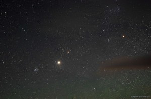 The Seven Sisters, Jupiter, Taurus & Orion. 3 minute exposure, with Pentax "Astro Tracer"