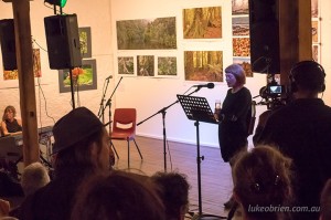 Glover Prize winner Janet Laurence addresses the audience at last nights Tarkine Exhibition opening