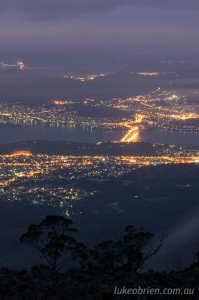 Mt Wellington - mist & Hobart city lights