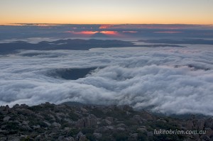 Misty sunrise over Hobart as seen from Mt Wellington