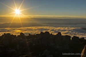 Misty sunrise over Hobart as seen from Mt Wellington