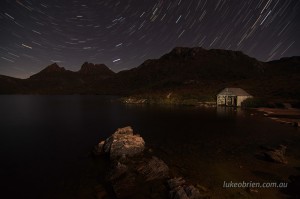 The Cradle Mountain boatshed with startrails