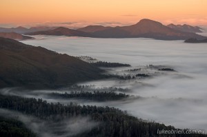 Upper Florentine Valley: Daybreak over the mist filled Upper Florentine Valley World Heritage Area