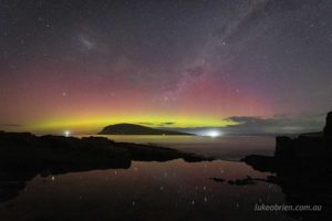 The southern lights with the Milky Way and Magellanic Clouds