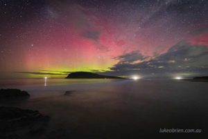 The southern lights with the Milky Way, Magellanic Clouds and bioluminescence