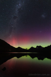 Southern lights over Cradle Mountain with the Milky Way