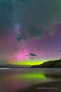 southern lights over Clifton Beach, Tasmania. Feb 21, 2023