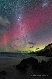 Southern lights over Clifton Beach, Tasmania. Feb 21, 2023