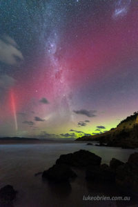 Southern lights over Clifton Beach, Tasmania. Feb 21, 2023