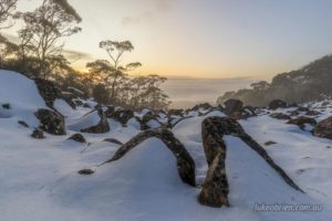 Snow covered dolerite rocks at dawn on kunanyi/Mt Wellington
