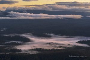 Pre dawn light and morning mist, South West Tasmania