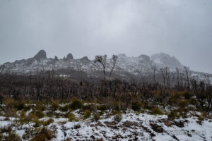 Snow falling at the Needles, South West Tasmania